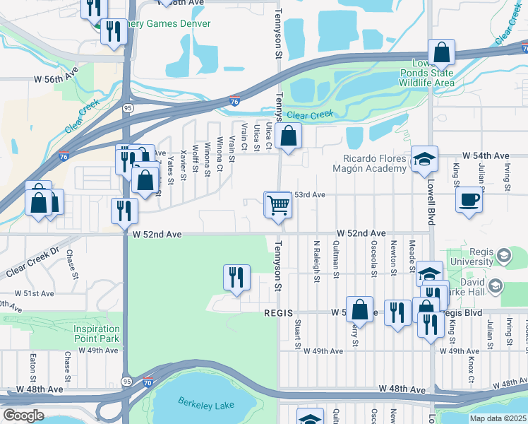 map of restaurants, bars, coffee shops, grocery stores, and more near 4461 W 52nd Pl in Denver