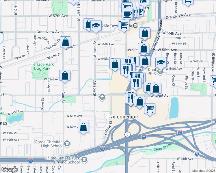 map of restaurants, bars, coffee shops, grocery stores, and more near 4080 Yukon Street in Arvada