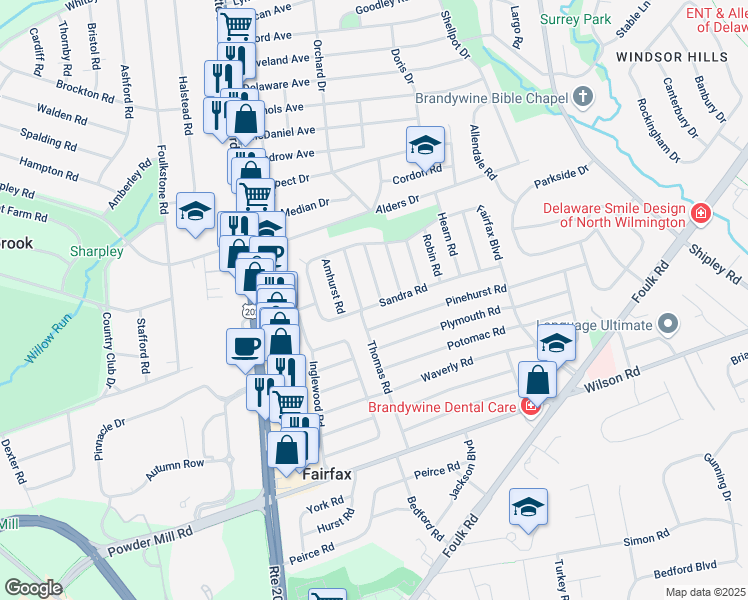 map of restaurants, bars, coffee shops, grocery stores, and more near 2200 Beaumont Road in Wilmington