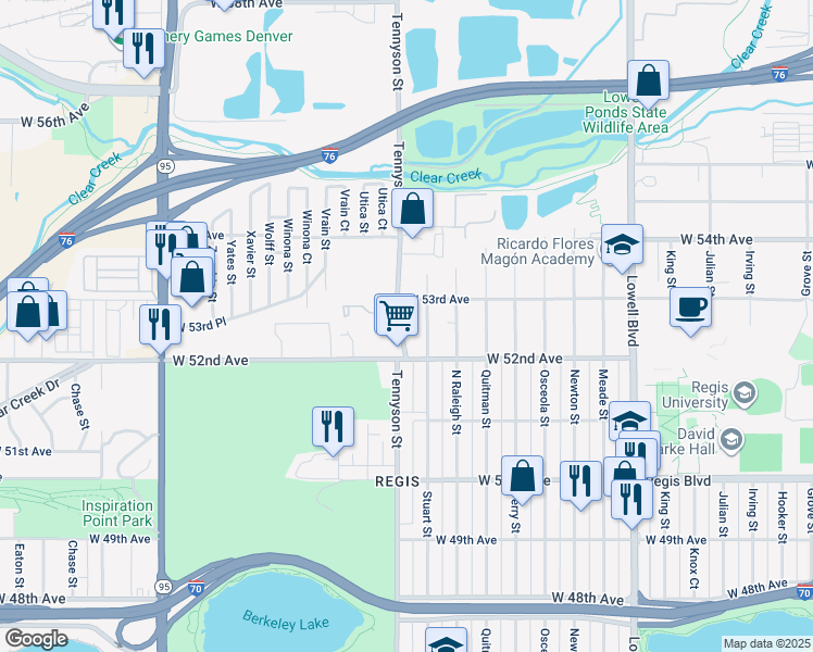 map of restaurants, bars, coffee shops, grocery stores, and more near 5254 Tennyson Street in Denver