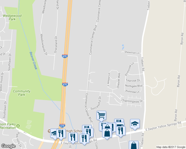 map of restaurants, bars, coffee shops, grocery stores, and more near 1750 Commerce Center Boulevard in Fairborn