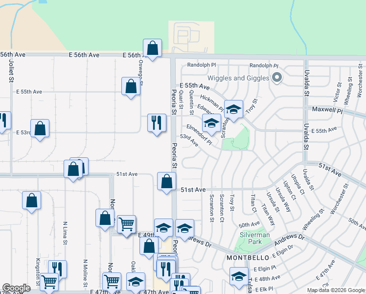 map of restaurants, bars, coffee shops, grocery stores, and more near 12200 East 52nd Place in Denver