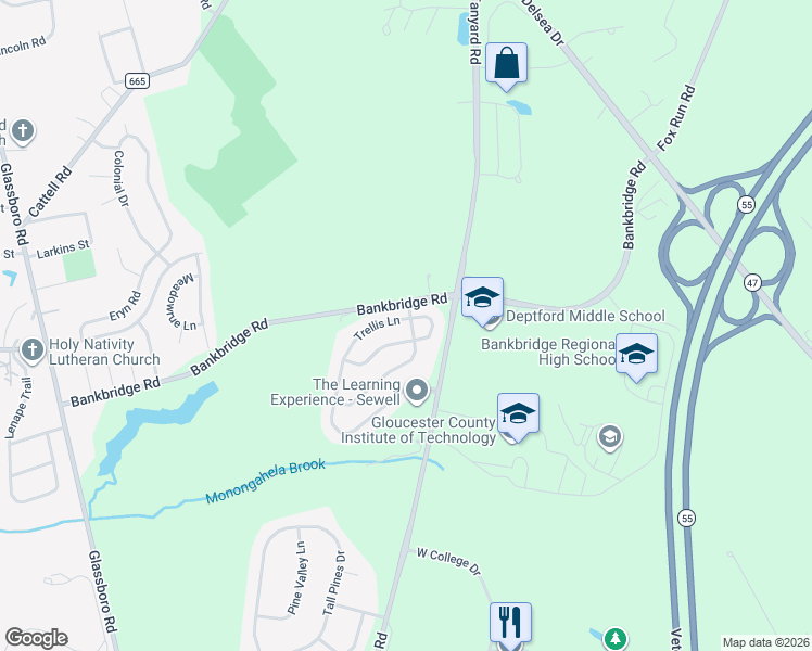 map of restaurants, bars, coffee shops, grocery stores, and more near 188 Trellis Lane in Deptford Township