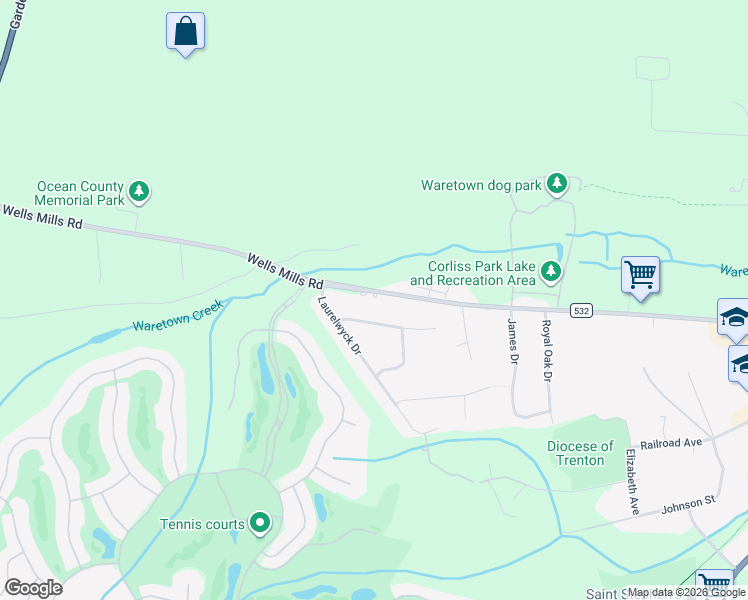 map of restaurants, bars, coffee shops, grocery stores, and more near 221 Wells Mills Road in Ocean Township