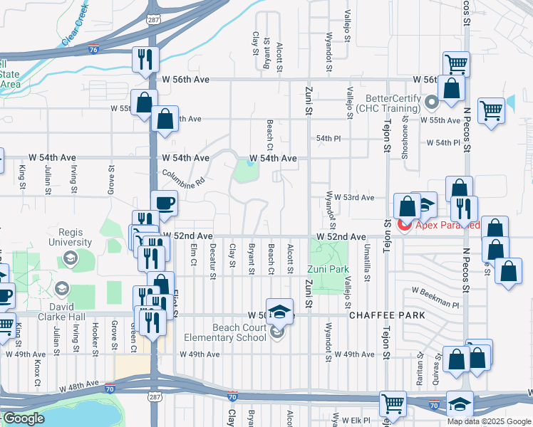 map of restaurants, bars, coffee shops, grocery stores, and more near 5262 Columbine Lane in Denver