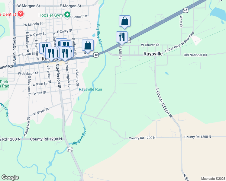 map of restaurants, bars, coffee shops, grocery stores, and more near 9699 South Mill Road in Knightstown