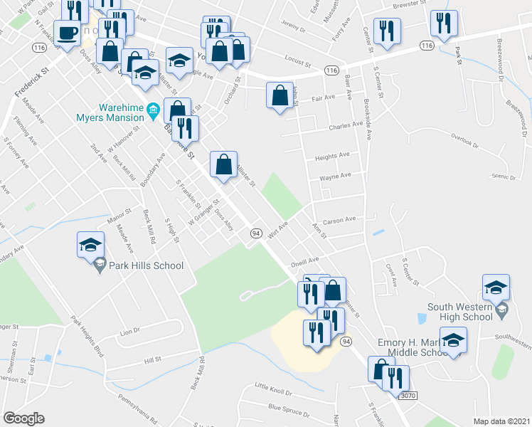 map of restaurants, bars, coffee shops, grocery stores, and more near 589-1/2 McAllister Street in Hanover