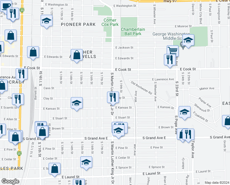 map of restaurants, bars, coffee shops, grocery stores, and more near 908 South Martin Luther King Junior Drive in Springfield