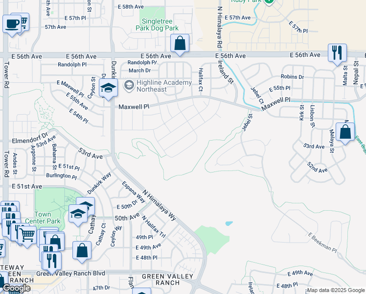 map of restaurants, bars, coffee shops, grocery stores, and more near 19579 East 52nd Avenue in Denver