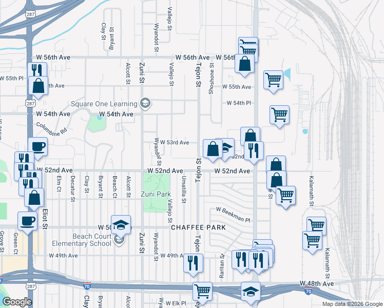 map of restaurants, bars, coffee shops, grocery stores, and more near 2043 West 52nd Place in Denver
