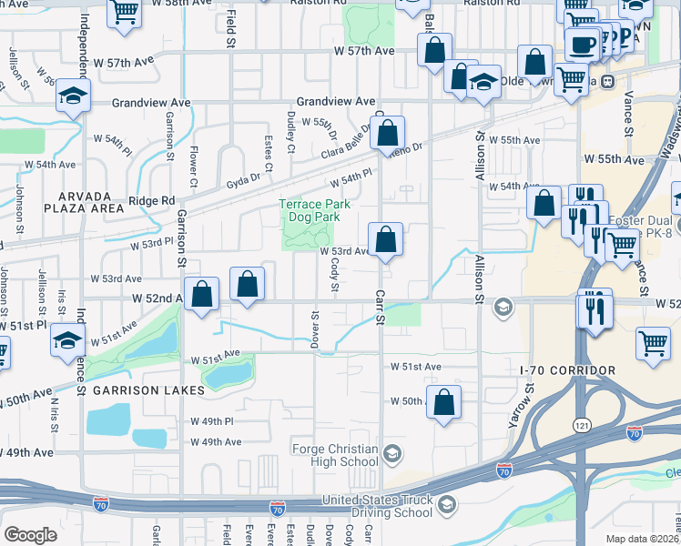 map of restaurants, bars, coffee shops, grocery stores, and more near 5274 Cody Street in Arvada