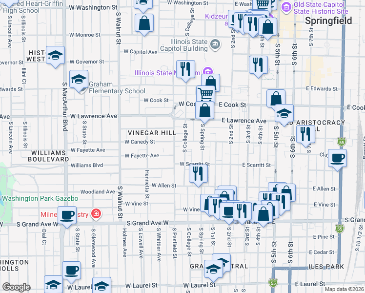 map of restaurants, bars, coffee shops, grocery stores, and more near 909 South College Street in Springfield