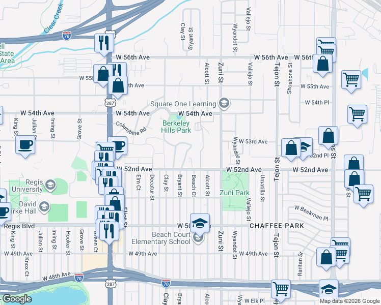 map of restaurants, bars, coffee shops, grocery stores, and more near 5262 Columbine Lane in Denver