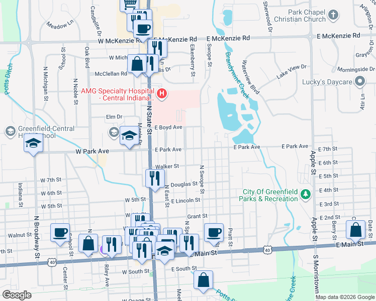 map of restaurants, bars, coffee shops, grocery stores, and more near 630 North Spring Street in Greenfield
