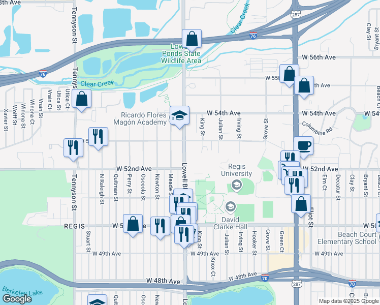 map of restaurants, bars, coffee shops, grocery stores, and more near 5242 Lowell Boulevard in Denver