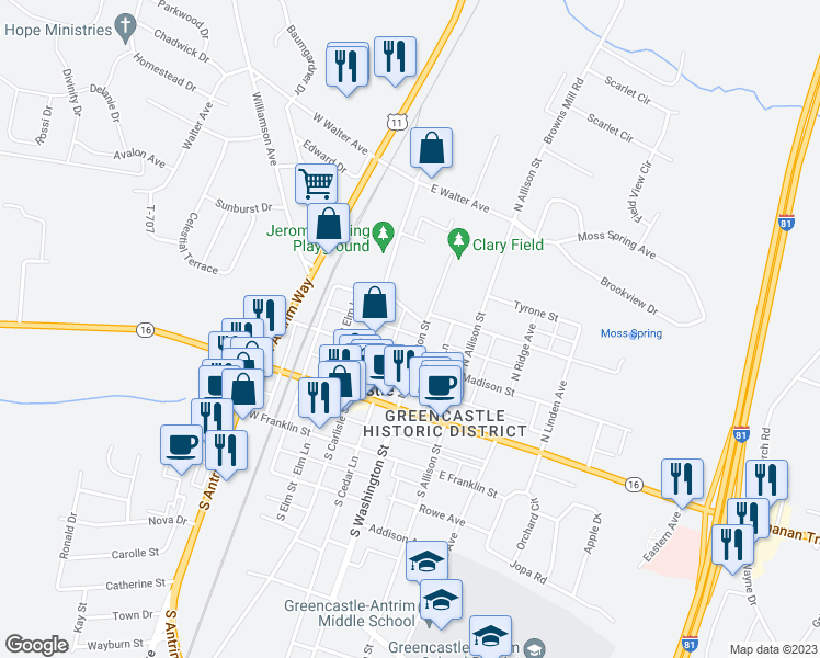 map of restaurants, bars, coffee shops, grocery stores, and more near 142 North Washington Street in Greencastle