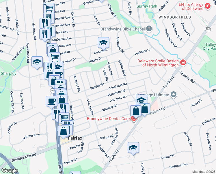 map of restaurants, bars, coffee shops, grocery stores, and more near 232 Pinehurst Road in Wilmington