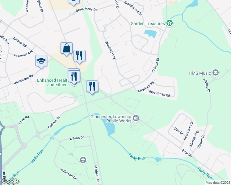 map of restaurants, bars, coffee shops, grocery stores, and more near 38 Sunset Drive in Clementon