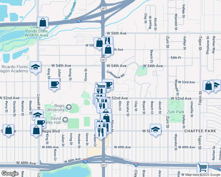 map of restaurants, bars, coffee shops, grocery stores, and more near 2889 West Parkside Place in Denver