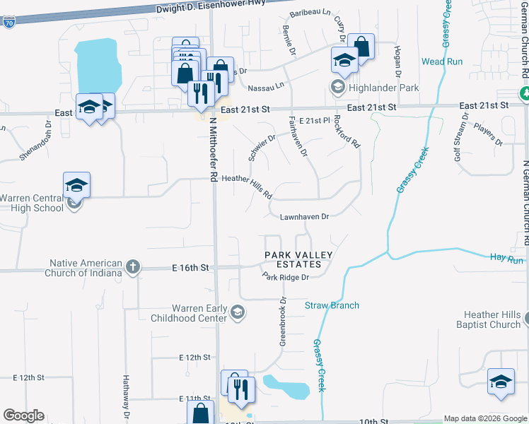 map of restaurants, bars, coffee shops, grocery stores, and more near 10130 Lawnhaven Court in Indianapolis