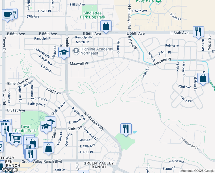 map of restaurants, bars, coffee shops, grocery stores, and more near 19579 East 52nd Avenue in Denver