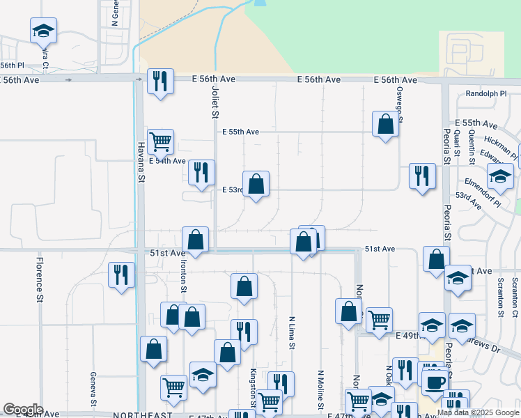 map of restaurants, bars, coffee shops, grocery stores, and more near 11220 East 53rd Avenue in Denver