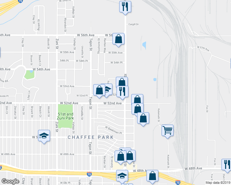 map of restaurants, bars, coffee shops, grocery stores, and more near 1702 West 52nd Court in Denver