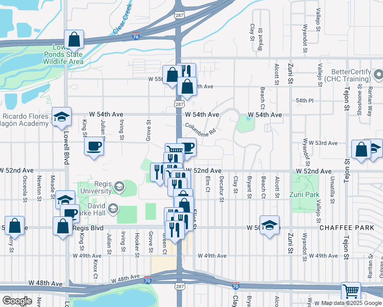 map of restaurants, bars, coffee shops, grocery stores, and more near 2889 West Parkside Place in Denver