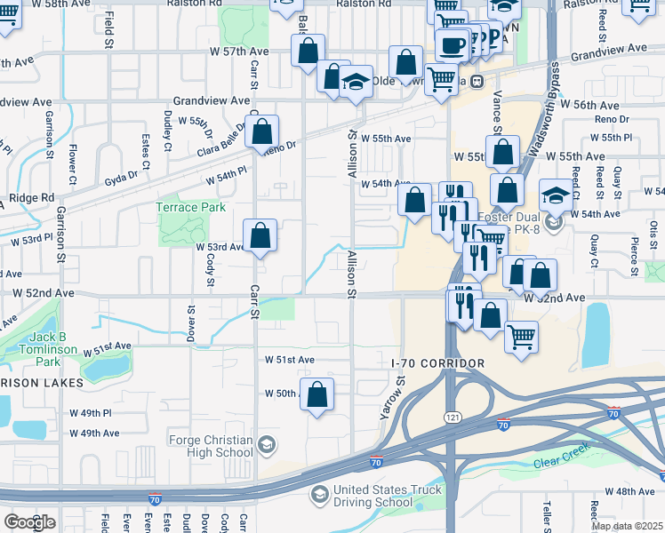 map of restaurants, bars, coffee shops, grocery stores, and more near 5215 Allison Street in Arvada
