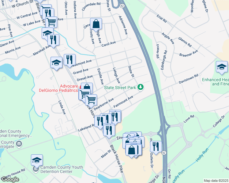 map of restaurants, bars, coffee shops, grocery stores, and more near 229 Dearborne Avenue in Camden County