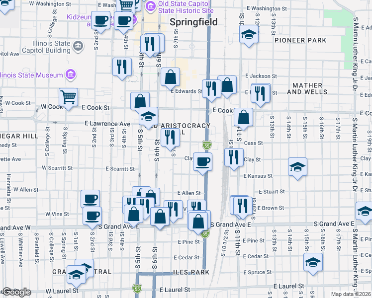 map of restaurants, bars, coffee shops, grocery stores, and more near 922 South 7th Street in Springfield
