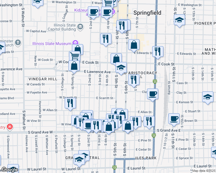 map of restaurants, bars, coffee shops, grocery stores, and more near 912 South 4th Street in Springfield