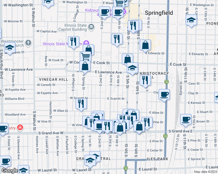 map of restaurants, bars, coffee shops, grocery stores, and more near 908 South 3rd Street in Springfield