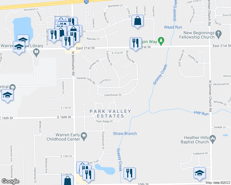 map of restaurants, bars, coffee shops, grocery stores, and more near 10302 Lawnhaven Drive in Indianapolis