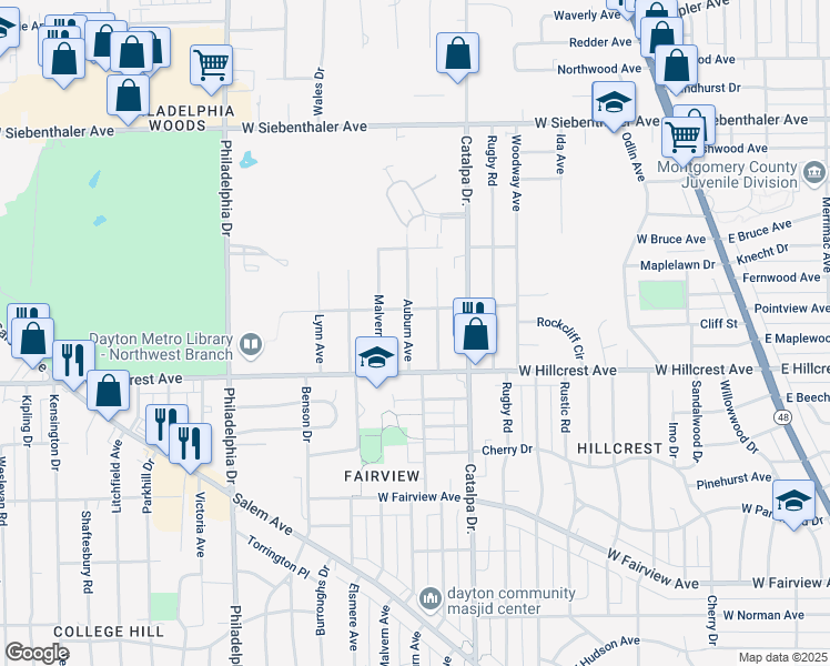 map of restaurants, bars, coffee shops, grocery stores, and more near 2436 Auburn Avenue in Dayton