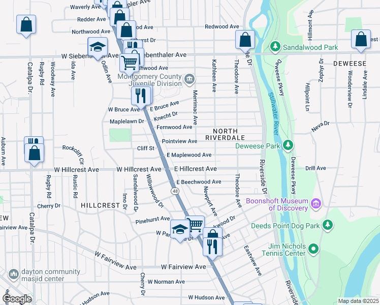 map of restaurants, bars, coffee shops, grocery stores, and more near 46 East Maplewood Avenue in Dayton