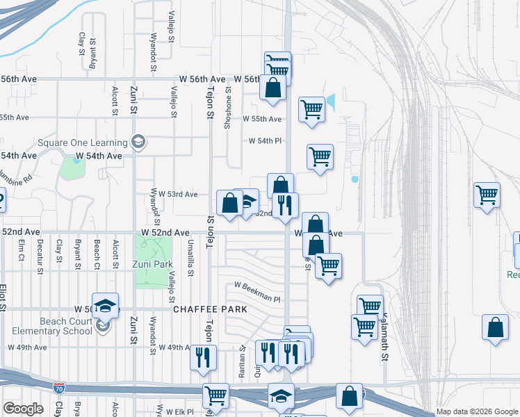 map of restaurants, bars, coffee shops, grocery stores, and more near 1702 West 52nd Court in Denver