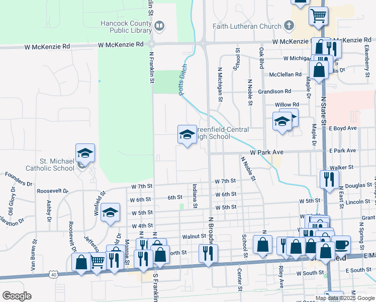 map of restaurants, bars, coffee shops, grocery stores, and more near 810 North Broadway Street in Greenfield