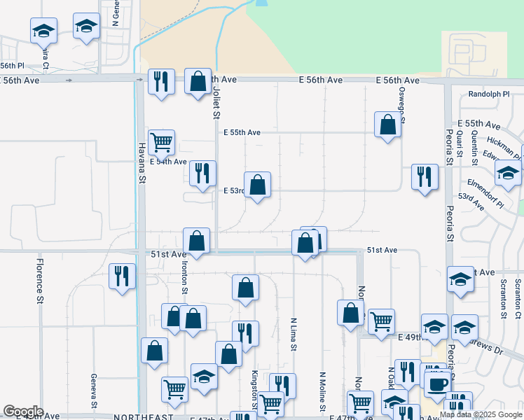 map of restaurants, bars, coffee shops, grocery stores, and more near 11220 East 53rd Avenue in Denver
