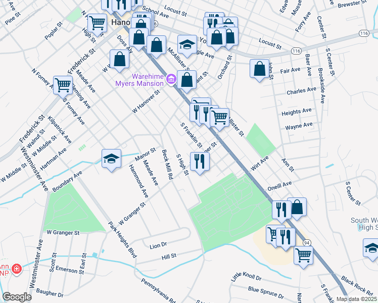 map of restaurants, bars, coffee shops, grocery stores, and more near 200 Oliver Street in Hanover