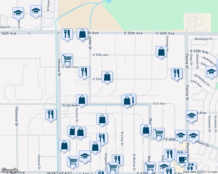 map of restaurants, bars, coffee shops, grocery stores, and more near 11220 East 53rd Avenue in Denver