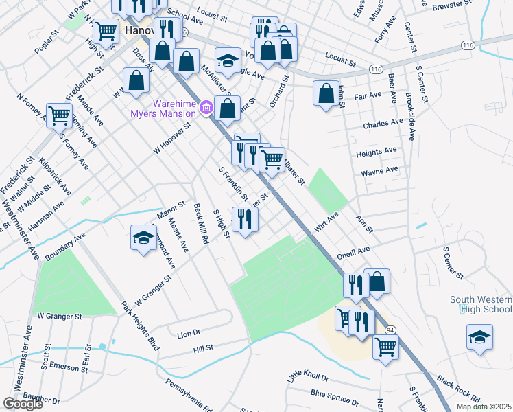 map of restaurants, bars, coffee shops, grocery stores, and more near 530 South Franklin Street in Hanover