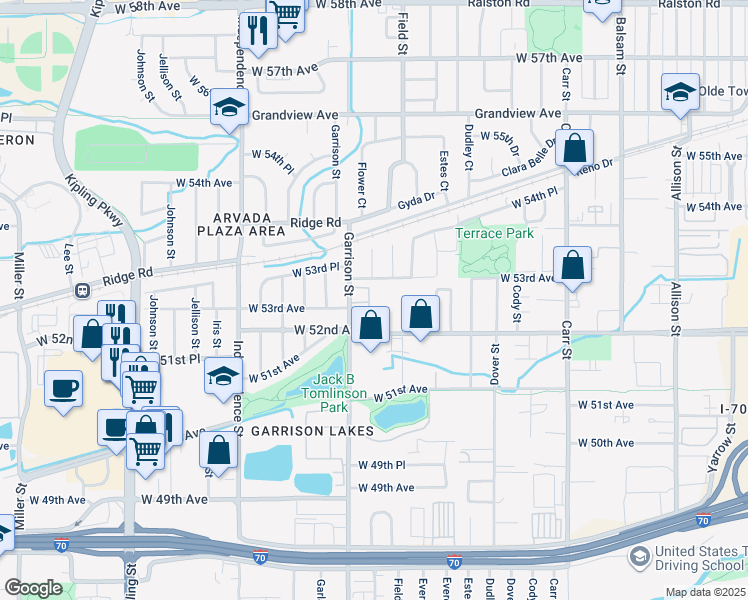 map of restaurants, bars, coffee shops, grocery stores, and more near 5260 Garrison Street in Arvada