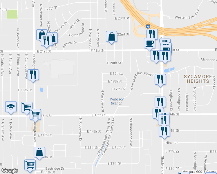 map of restaurants, bars, coffee shops, grocery stores, and more near 6656 East 17th Street in Indianapolis