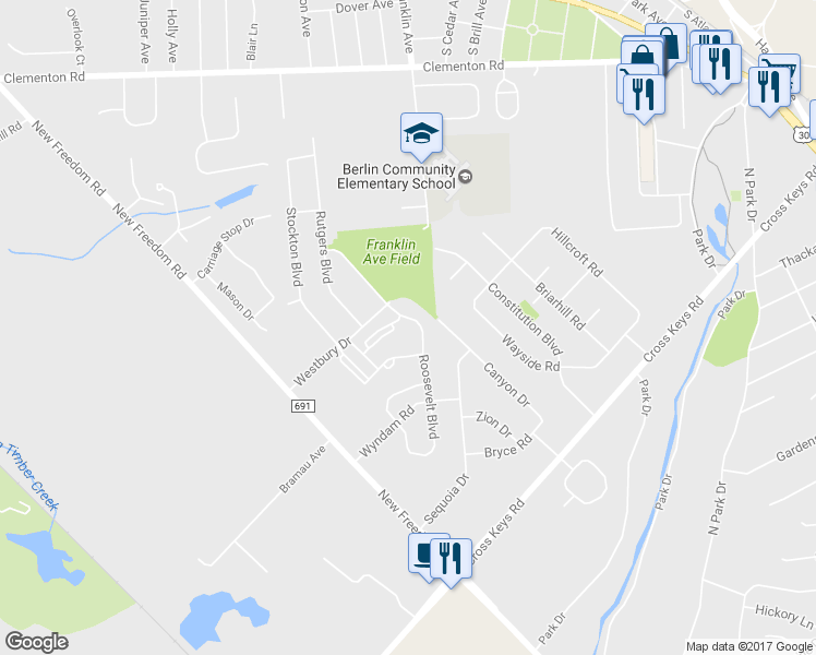 map of restaurants, bars, coffee shops, grocery stores, and more near 16 Roosevelt Boulevard in Berlin