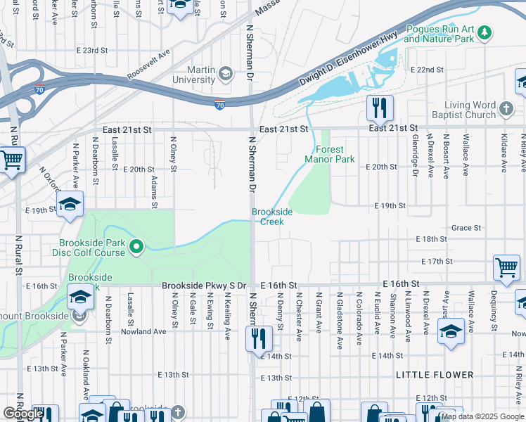 map of restaurants, bars, coffee shops, grocery stores, and more near 1901 North Sherman Drive in Indianapolis