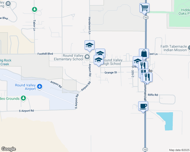 map of restaurants, bars, coffee shops, grocery stores, and more near 76270 High School Street in Covelo