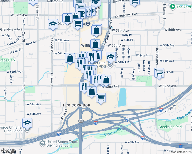 map of restaurants, bars, coffee shops, grocery stores, and more near 52nd Ave Wadsworth Boulevard in Arvada