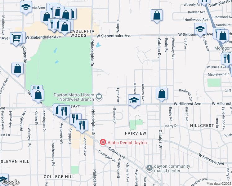 map of restaurants, bars, coffee shops, grocery stores, and more near 2445 Lynn Avenue in Dayton