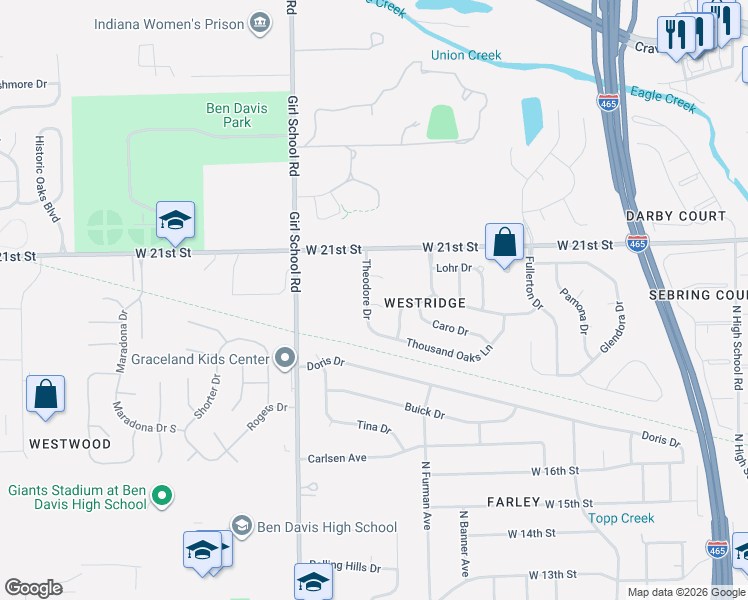map of restaurants, bars, coffee shops, grocery stores, and more near 1940 Theodore Drive in Indianapolis